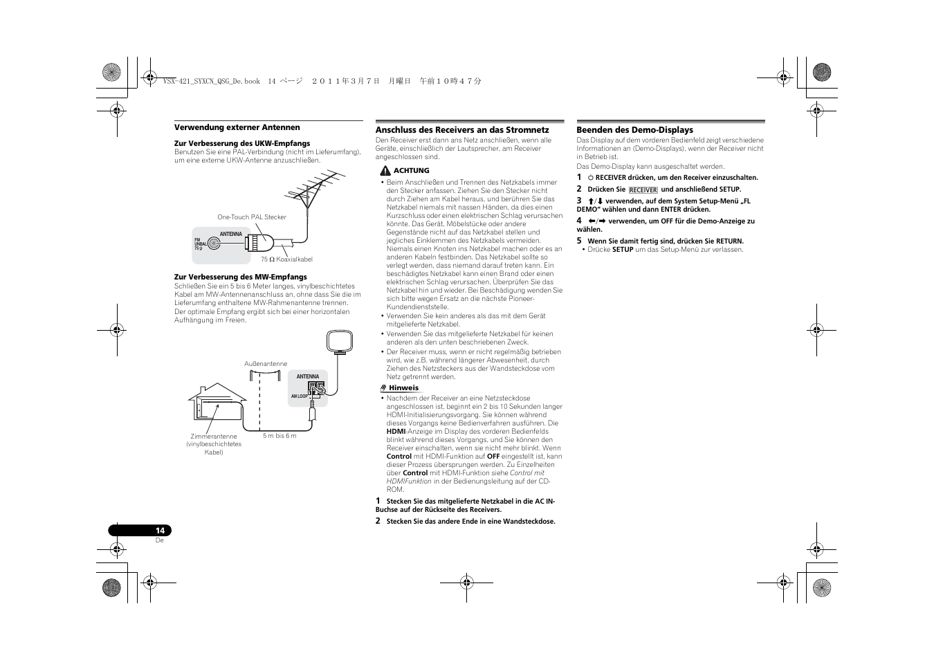 Verwendung externer antennen, Anschluss des receivers an das stromnetz, Beenden des demo-displays | Pioneer VSX-421 User Manual | Page 98 / 100