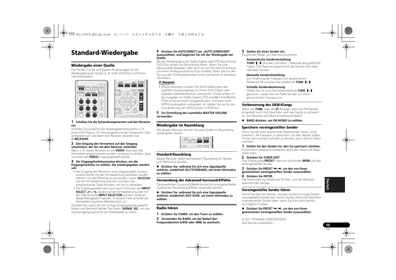 Standard-wiedergabe, Wiedergabe einer quelle, Wiedergabe im raumklang | Standard-raumklang, Verwendung der advanced-surround-effekte, Radio hören, Verbesserung des ukw-klangs, Speichern voreingestellter sender, Voreingestellte sender hören | Pioneer VSX-421 User Manual | Page 99 / 100