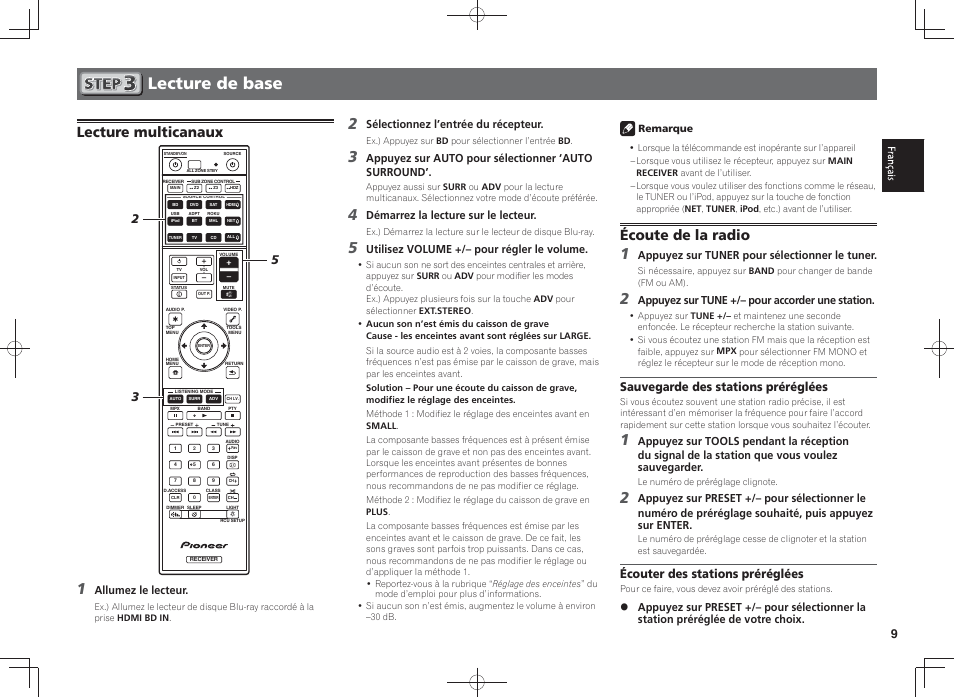 Lecture de base, Lecture multicanaux, Écoute de la radio | Sauvegarde des stations préréglées, Écouter des stations préréglées, Allumez le lecteur, 2°kdbshnmmdyäkidmsq°däctäq°bdosdtq, Ootxdyärtqä 43.äontqär°kdbshnmmdqäh 43.ä surround, L@qqdyäk@äkdbstqdärtqäkdäkdbsdtq, 4shkhrdyä5.+4,$ä mäontqäq°fkdqäkdäunktld | Pioneer SC-LX58-K User Manual | Page 19 / 76