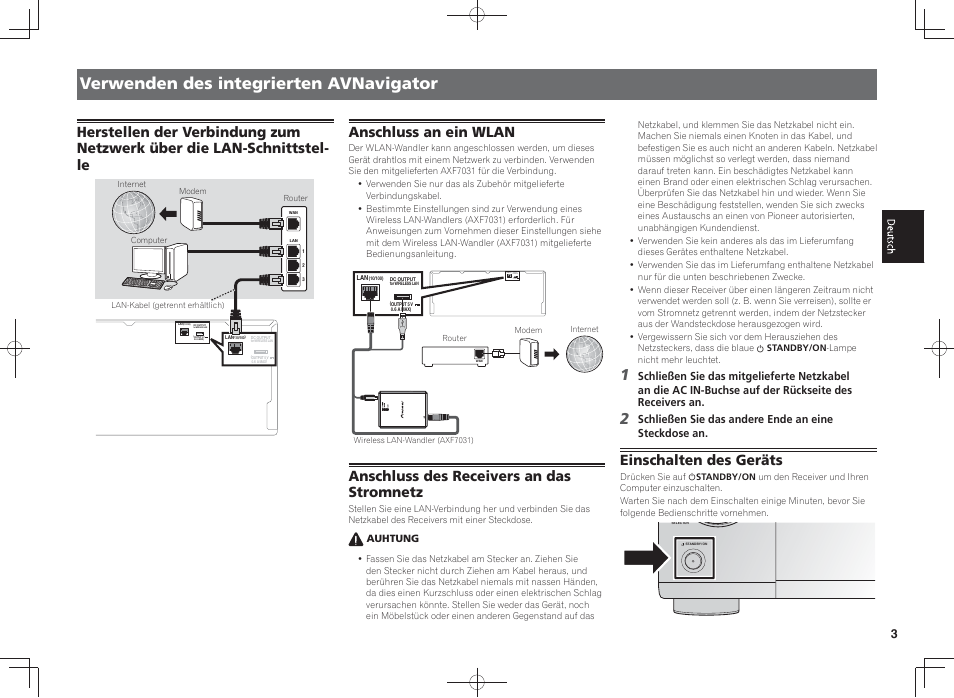 Verwenden des integrierten avnavigator, Anschluss an ein wlan, Anschluss des receivers an das stromnetz | Einschalten des geräts | Pioneer SC-LX58-K User Manual | Page 23 / 76