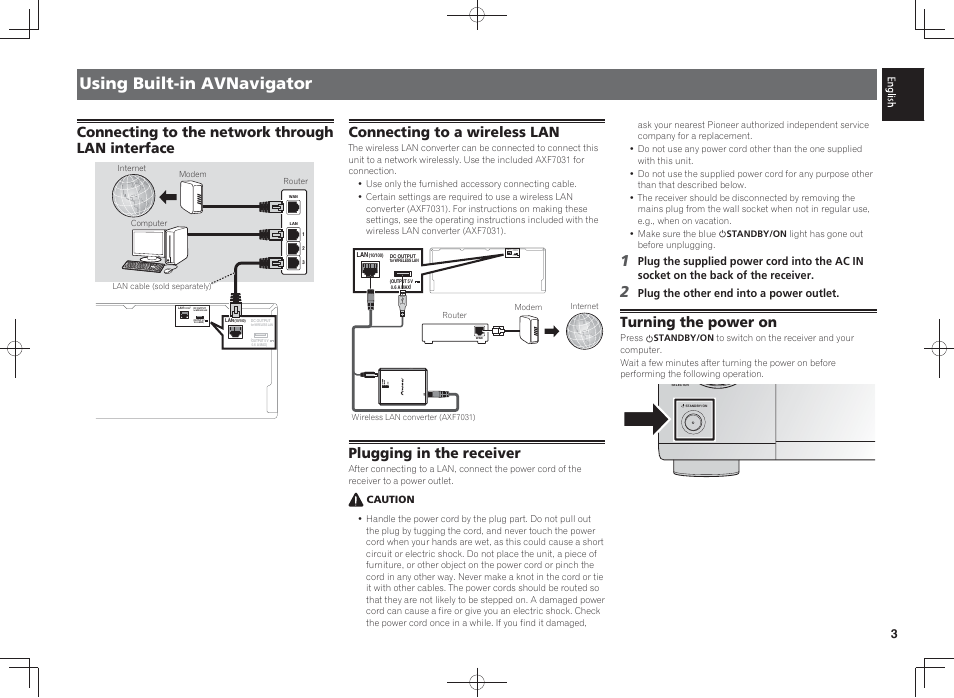 Using built-in avnavigator, Connecting to the network through lan interface, Connecting to a wireless lan | Plugging in the receiver, Turning the power on | Pioneer SC-LX58-K User Manual | Page 3 / 76