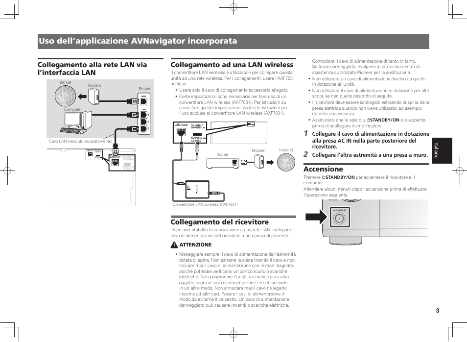 Uso dell’applicazione avnavigator incorporata, Collegamento alla rete lan via l’interfaccia lan, Collegamento ad una lan wireless | Collegamento del ricevitore, Accensione | Pioneer SC-LX58-K User Manual | Page 33 / 76