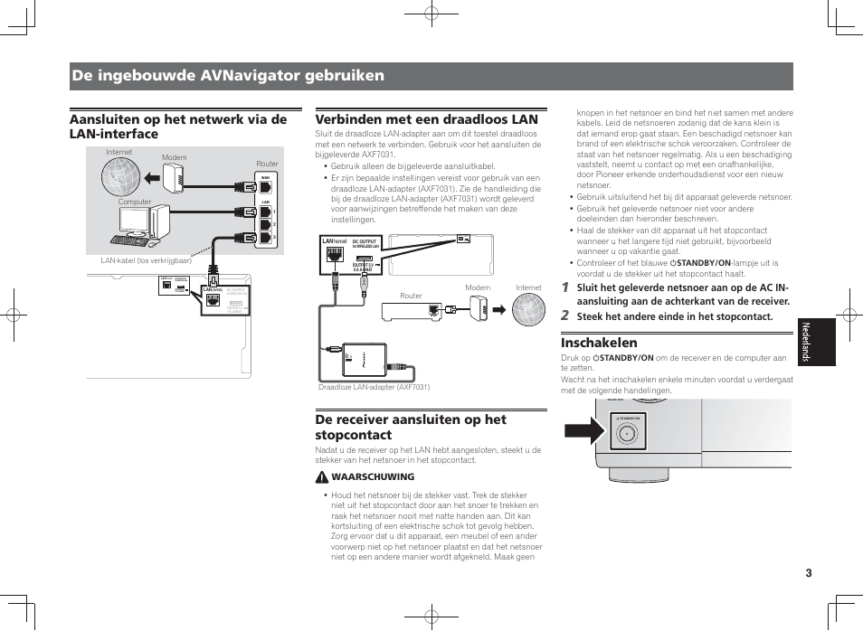 De ingebouwde avnavigator gebruiken, Aansluiten op het netwerk via de lan-interface, Verbinden met een draadloos lan | De receiver aansluiten op het stopcontact, Inschakelen | Pioneer SC-LX58-K User Manual | Page 43 / 76