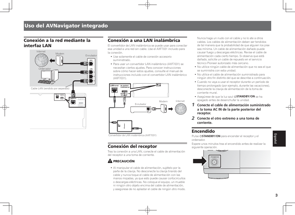 Uso del avnavigator integrado, Conexión a la red mediante la interfaz lan, Conexión a una lan inalámbrica | Conexión del receptor, Encendido | Pioneer SC-LX58-K User Manual | Page 53 / 76
