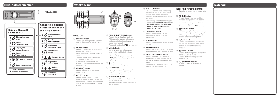 Bluetooth connection, What’s what, Steering remote control | Head unit | Pioneer DEH-P8100BT User Manual | Page 2 / 8