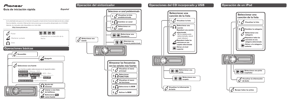 Deh-p8100bt, Operaciones básicas, Operación del sintonizador | Operaciones del cd incorporado y usb, Operación de un ipod, Guía de iniciación rápida, Seleccionar una canción de la lista 1, Seleccionar un canal predeterminado 1 | Pioneer DEH-P8100BT User Manual | Page 3 / 8
