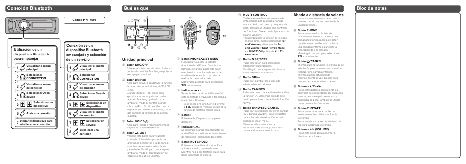 Conexión bluetooth, Qué es que, Bloc de notas | Mando a distancia de volante, Unidad principal | Pioneer DEH-P8100BT User Manual | Page 4 / 8