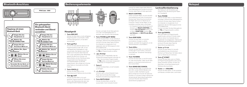 Bluetooth-anschluss, Bedienungselemente, Lenkradfernbedienung | Kopplung mit einem bluetooth-gerät, Hauptgerät | Pioneer DEH-P8100BT User Manual | Page 6 / 8