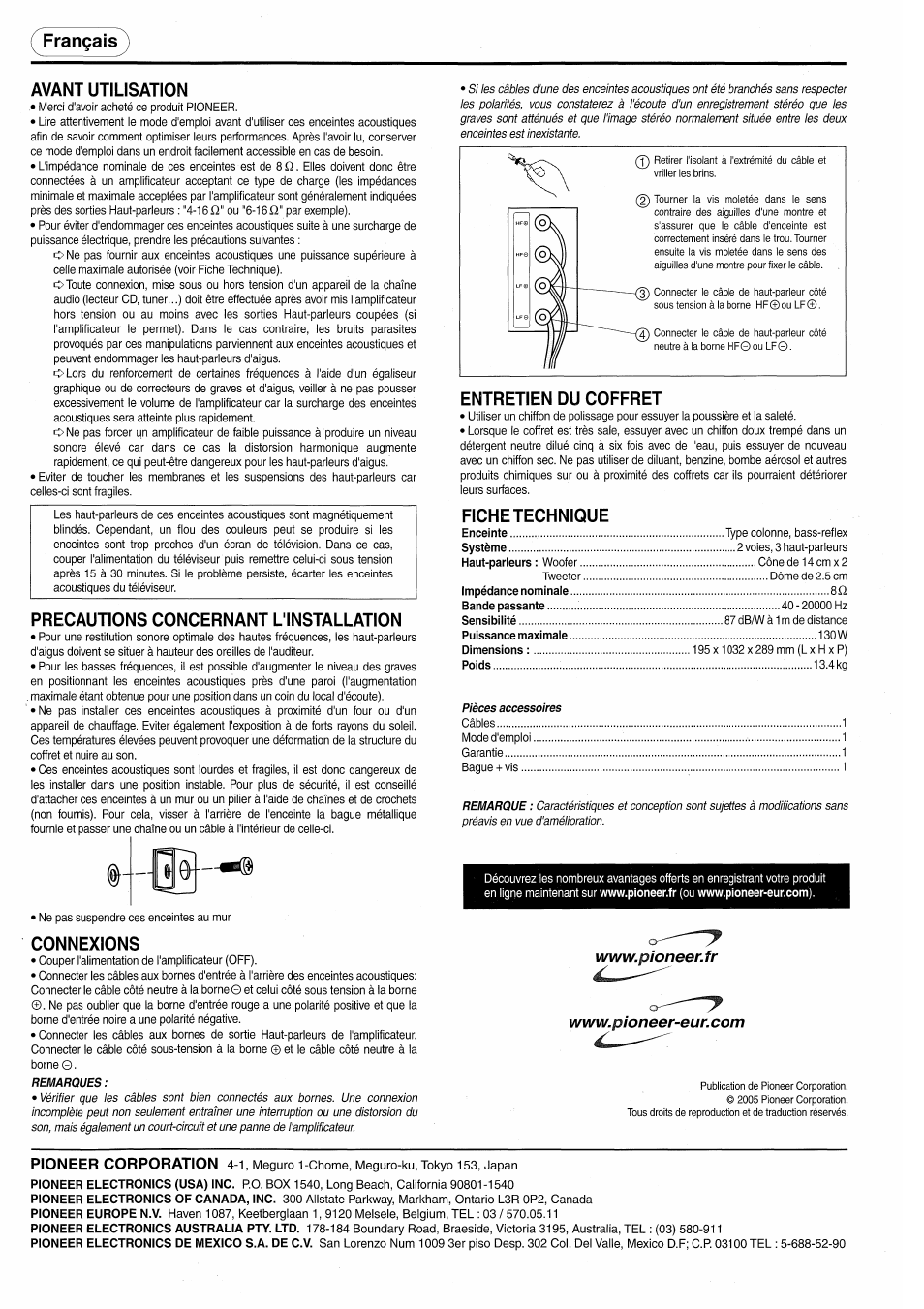 Français, Avant utilisation, Precautions concernant l'installation | Connexions, Entretien du coffret, Fiche technique, Français avant utilisation, Pioneer corporation | Pioneer S-H520V-QL User Manual | Page 2 / 8