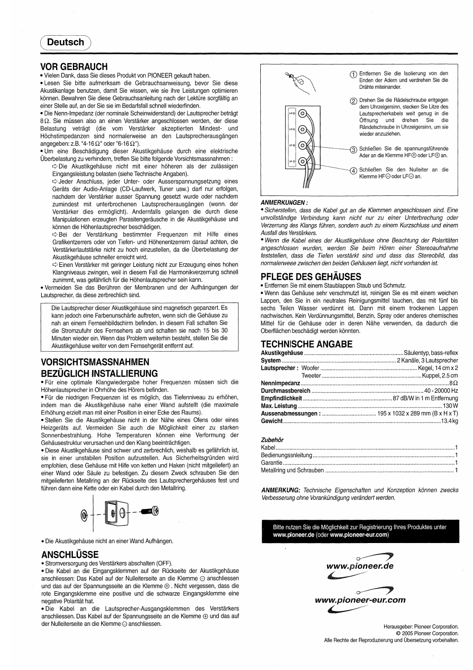 Deutsch, Vor gebrauch, Vorsichtsmassnahmen bezüglich installierung | Anschlüsse, Pflege des gehäuses, Technische angabe, Deutsch vor gebrauch | Pioneer S-H520V-QL User Manual | Page 3 / 8
