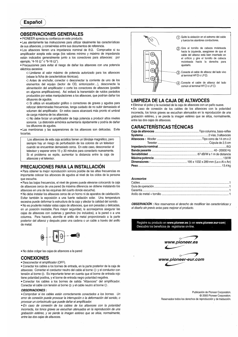 Español, Observaciones generales, Precauciones para la installacion | Conexiones, Limpieza de la caja de altavoces, Características técnicas, Español observaciones generales | Pioneer S-H520V-QL User Manual | Page 7 / 8