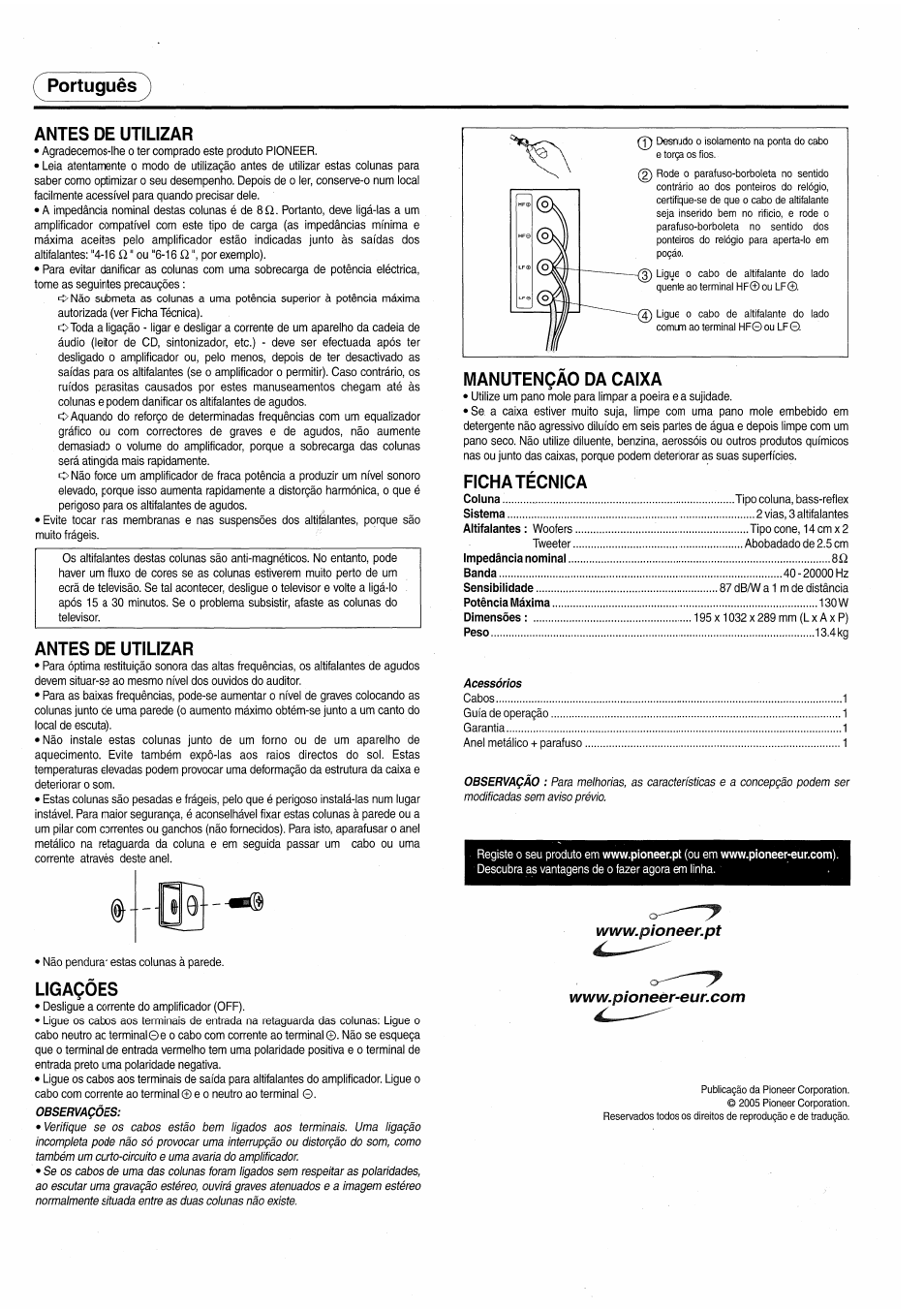 Portugués, Antes de utilizar, Ligaçôes | Manutençao da caixa, Ficha técnica, Portugués antes de utilizar | Pioneer S-H520V-QL User Manual | Page 8 / 8