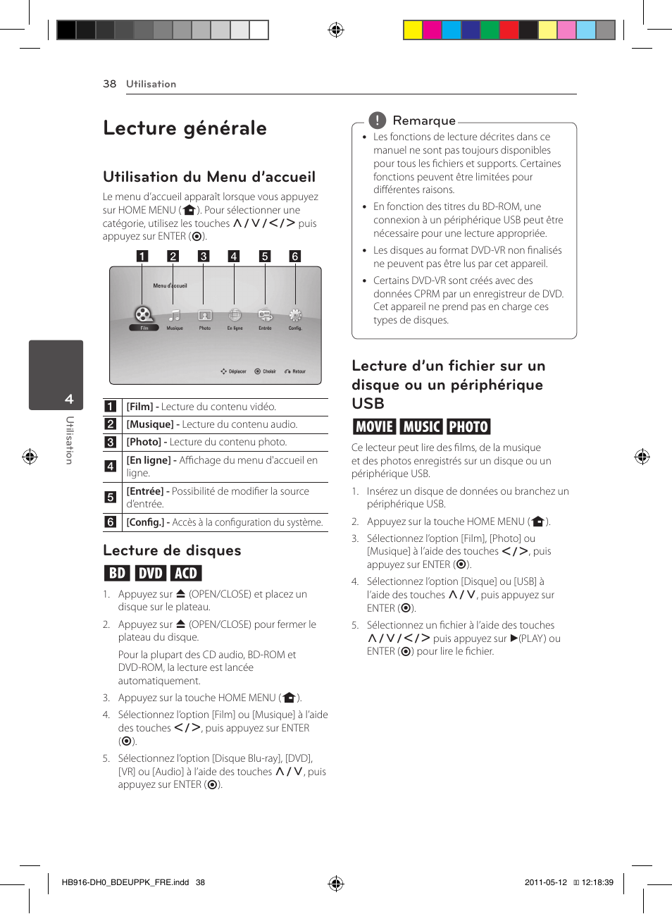 Un périphérique usb, Lecture générale, Utilisation du menu d’accueil | Lecture de disques ert | Pioneer BCS-414 User Manual | Page 102 / 400