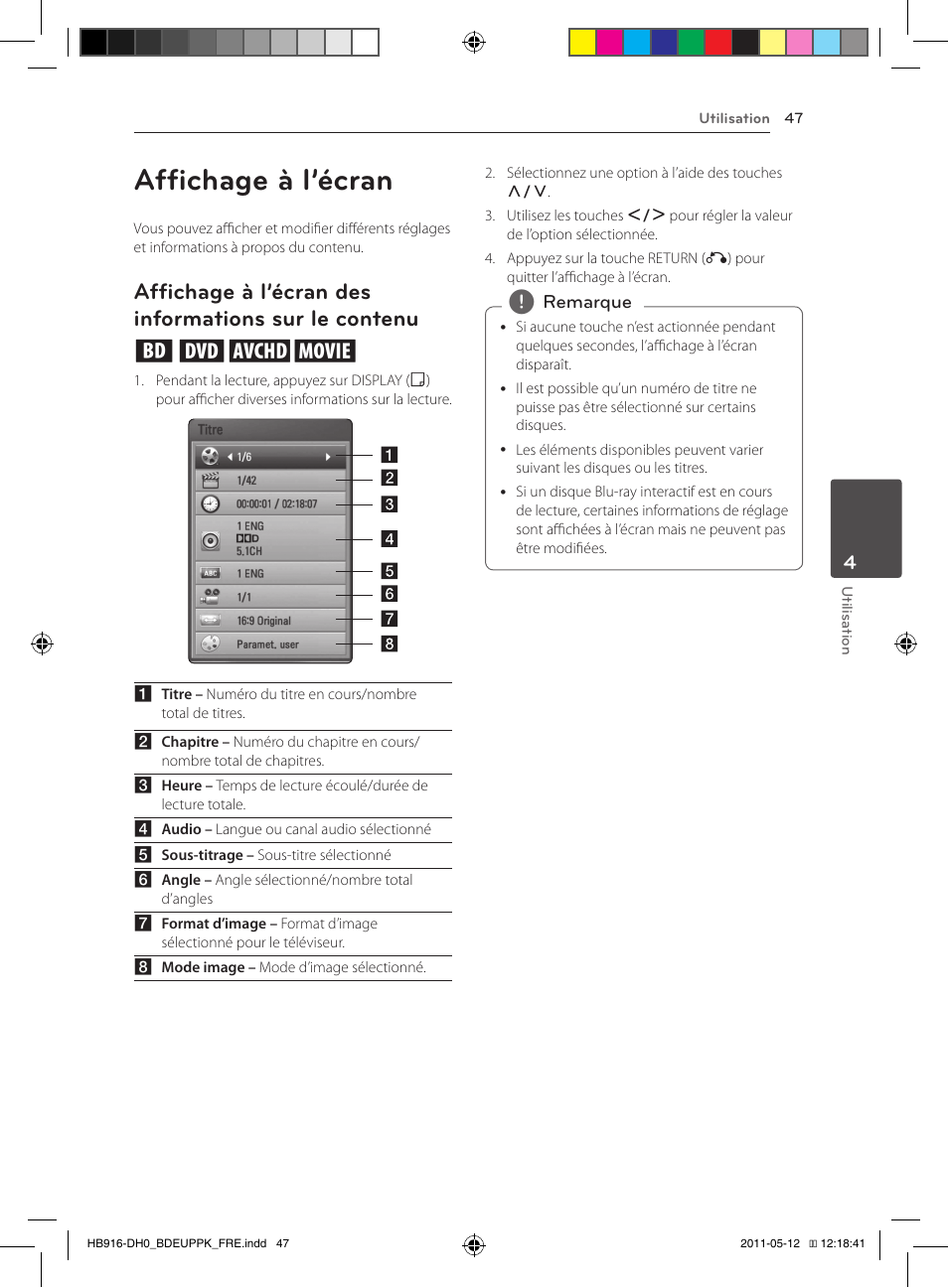 Sur le contenu, Affichage à l’écran | Pioneer BCS-414 User Manual | Page 111 / 400