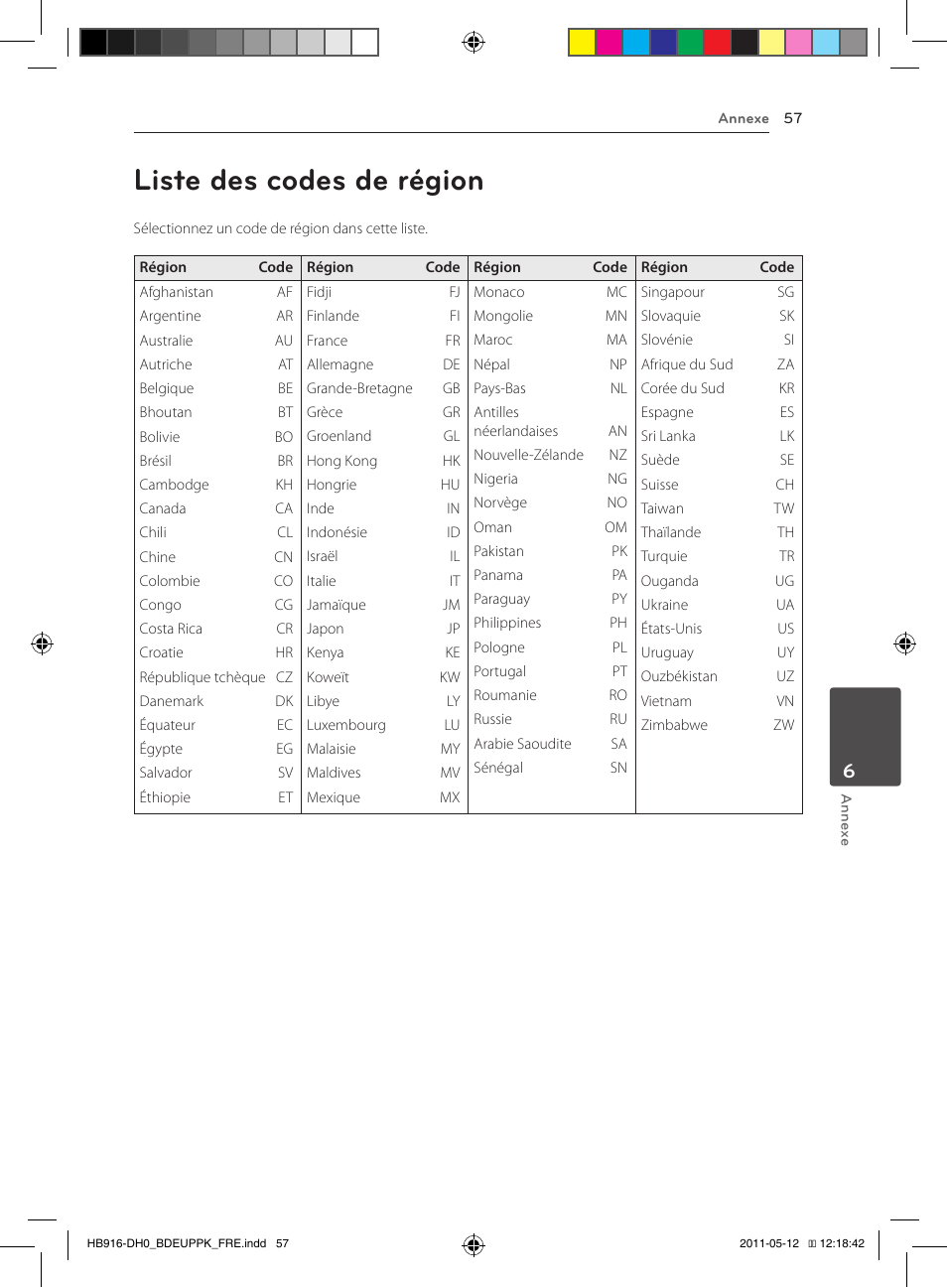 57 liste des codes de région, Liste des codes de région | Pioneer BCS-414 User Manual | Page 121 / 400