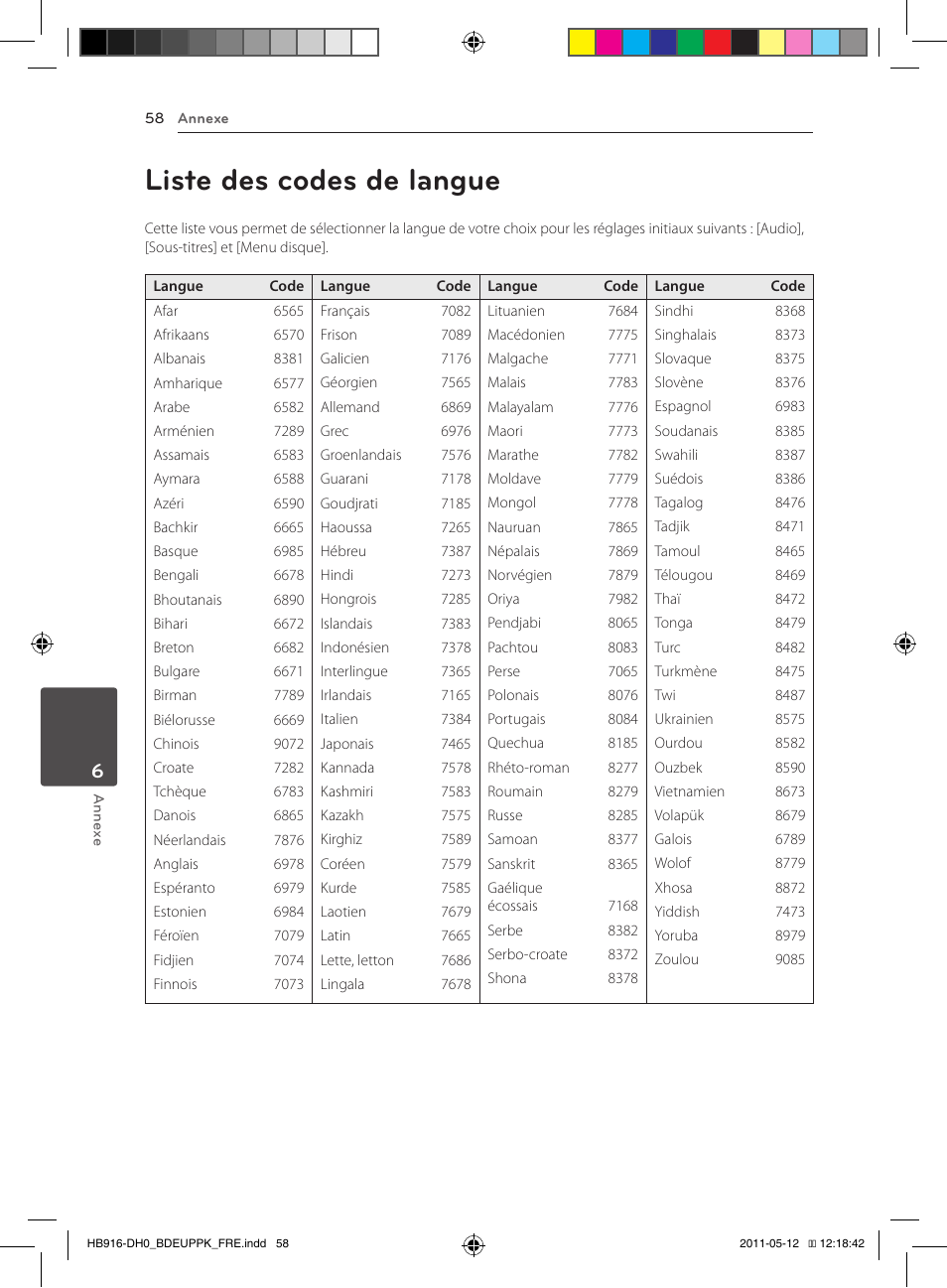 58 liste des codes de langue, Liste des codes de langue | Pioneer BCS-414 User Manual | Page 122 / 400