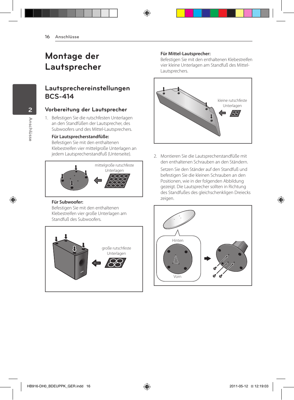 Montage der lautsprecher, 16 – lautsprechereinstellungen bcs-414, Lautsprechereinstellungen bcs-414 | Vorbereitung der lautsprecher | Pioneer BCS-414 User Manual | Page 150 / 400