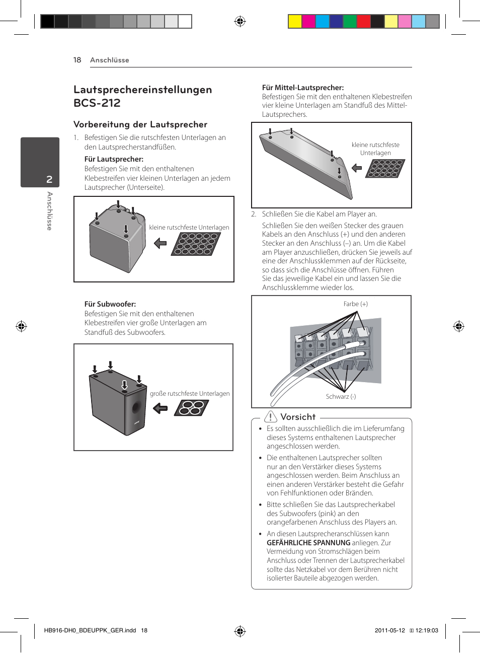 18 – lautsprechereinstellungen bcs-212, Lautsprechereinstellungen bcs-212, Vorbereitung der lautsprecher | Vorsicht | Pioneer BCS-414 User Manual | Page 152 / 400