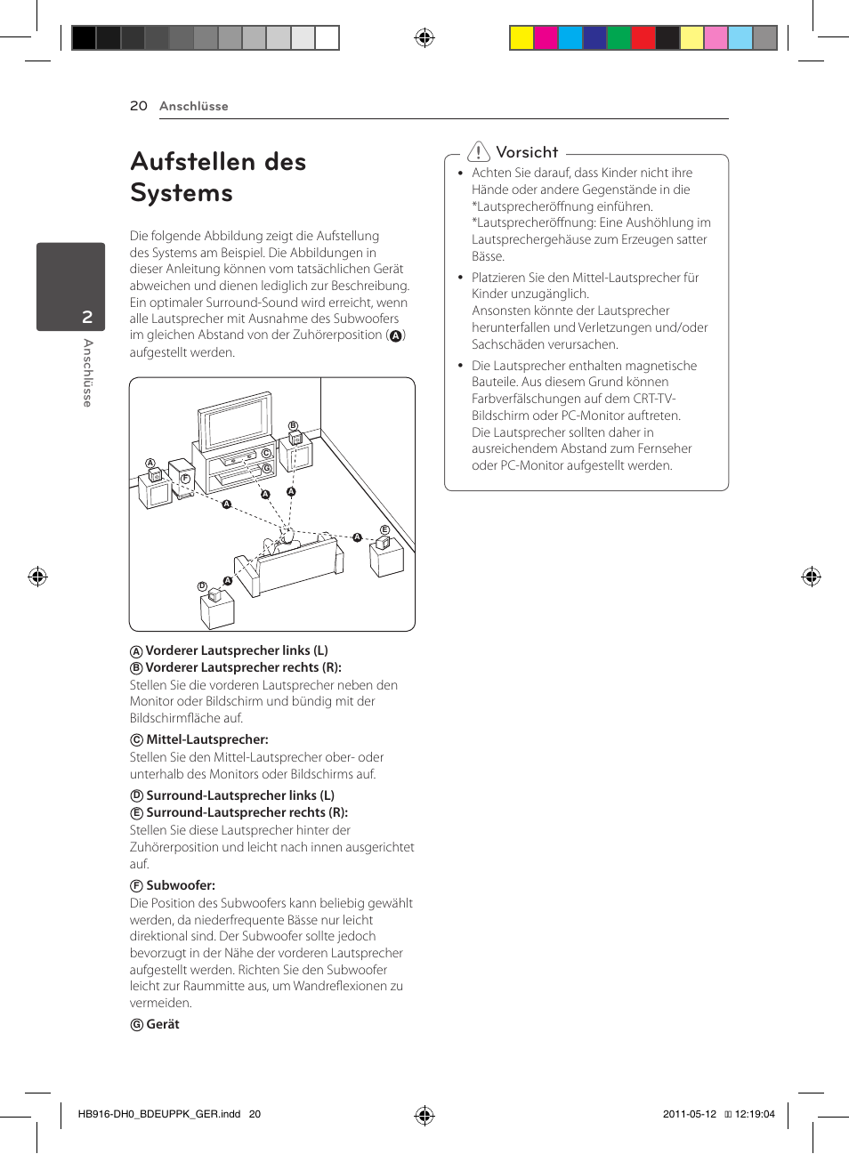 20 aufstellen des systems, Aufstellen des systems, Vorsicht | Anschlüsse 20 anschlüs se, Aufgestellt werden, Vorderer lautsprecher links (l), Surround-lautsprecher links (l) | Pioneer BCS-414 User Manual | Page 154 / 400