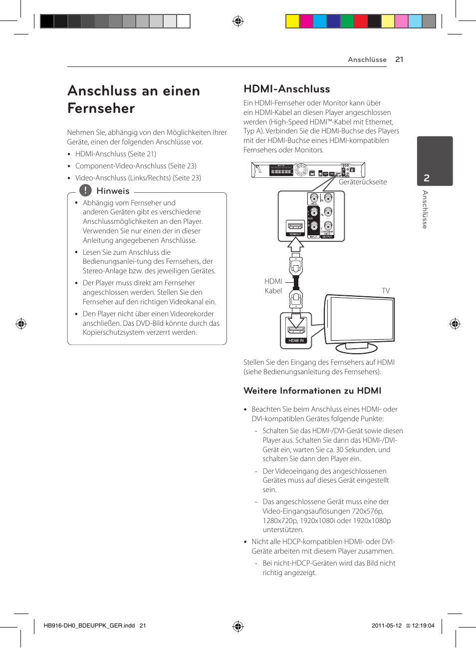 Anschluss an einen fernseher, 21 – hdmi-anschluss, Hdmi-anschluss | Pioneer BCS-414 User Manual | Page 155 / 400