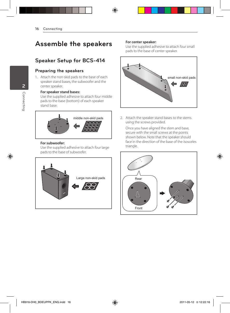 Assemble the speakers, 16 – speaker setup for bcs-414, Speaker setup for bcs-414 | Preparing the speakers | Pioneer BCS-414 User Manual | Page 16 / 400