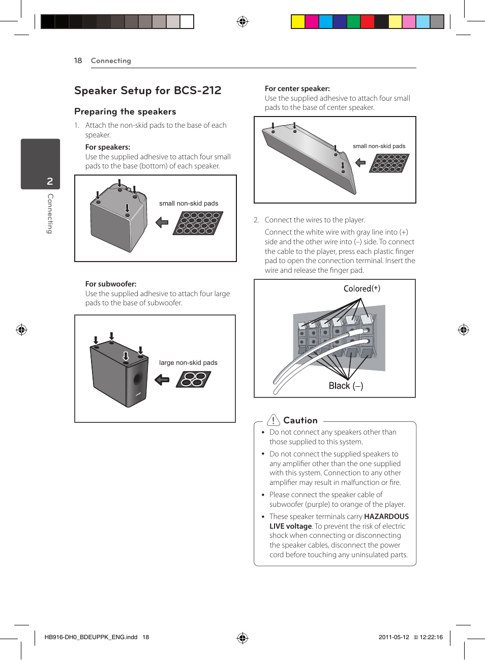 18 – speaker setup for bcs-212, Speaker setup for bcs-212, Preparing the speakers | Caution | Pioneer BCS-414 User Manual | Page 18 / 400