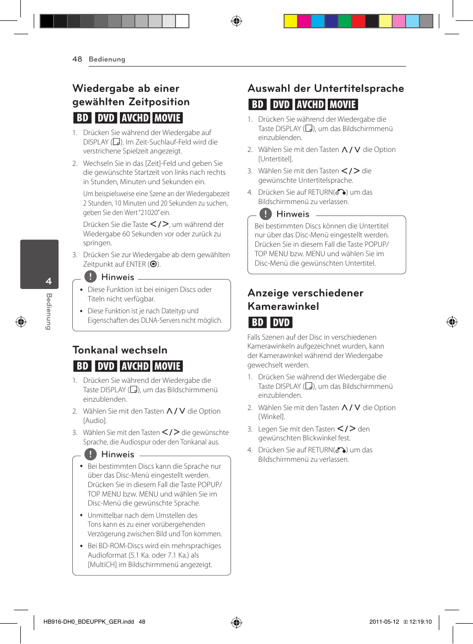 48 – wiedergabe ab einer gewählten, Zeitposition, Wiedergabe ab einer gewählten zeitposition eroy | Tonkanal wechseln eroy, Auswahl der untertitelsprache eroy, Anzeige verschiedener kamerawinkel er | Pioneer BCS-414 User Manual | Page 182 / 400