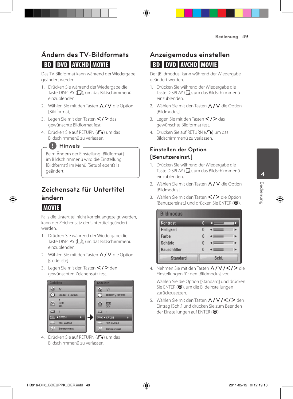 Ändern des tv-bildformats eroy, Zeichensatz für untertitel ändern y, Anzeigemodus einstellen eroy | Pioneer BCS-414 User Manual | Page 183 / 400