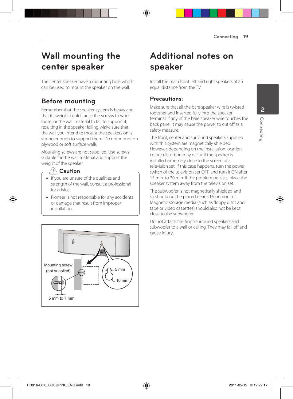Wall mounting the center speaker, 19 – before mounting 19, Additional notes on speaker | Before mounting | Pioneer BCS-414 User Manual | Page 19 / 400