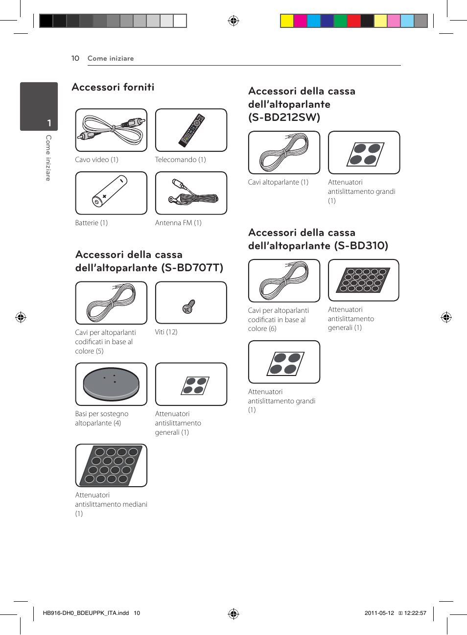 S-bd707t), 10 – accessori della cassa dell’altoparlante, S-bd212sw) | S-bd310), Accessori forniti, Accessori della cassa dell’altoparlante (s-bd707t), Accessori della cassa dell’altoparlante (s-bd310) | Pioneer BCS-414 User Manual | Page 208 / 400