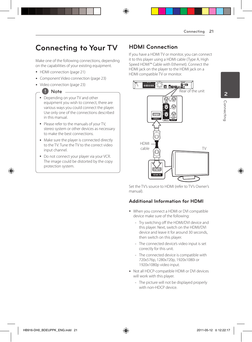 Connecting to your tv, 21 – hdmi connection, Hdmi connection | Pioneer BCS-414 User Manual | Page 21 / 400