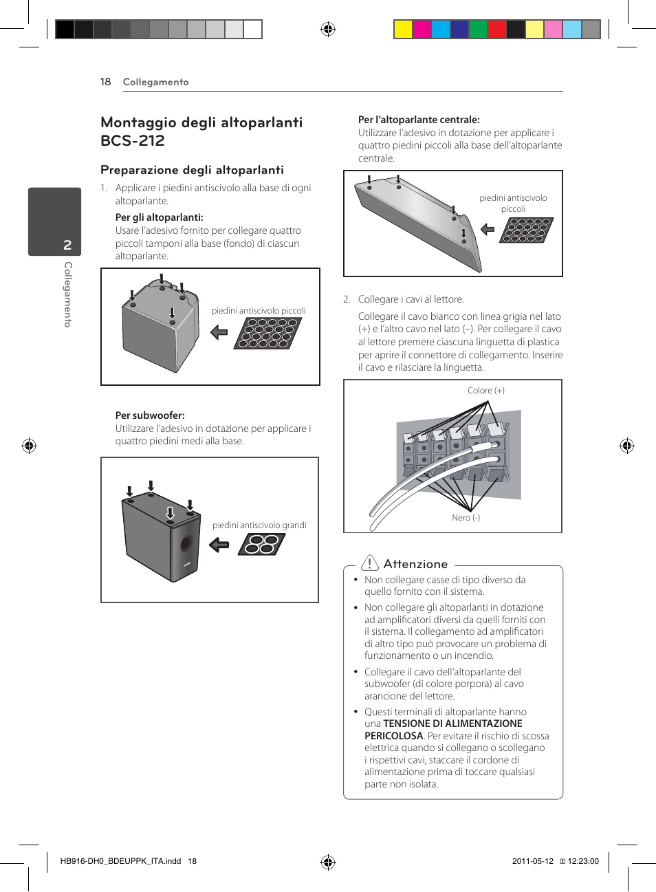 18 – montaggio degli altoparlanti bcs-212, Montaggio degli altoparlanti bcs-212, Preparazione degli altoparlanti | Attenzione | Pioneer BCS-414 User Manual | Page 216 / 400