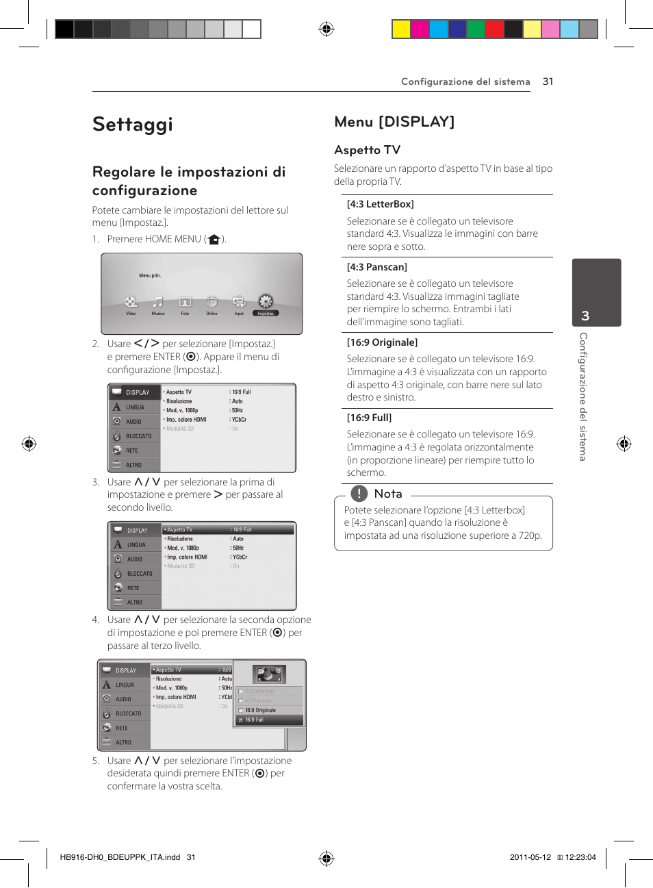 Settaggi, 31 – regolare le impostazioni di, Configurazione | 31 – menu [display, Regolare le impostazioni di configurazione, Menu [display | Pioneer BCS-414 User Manual | Page 229 / 400