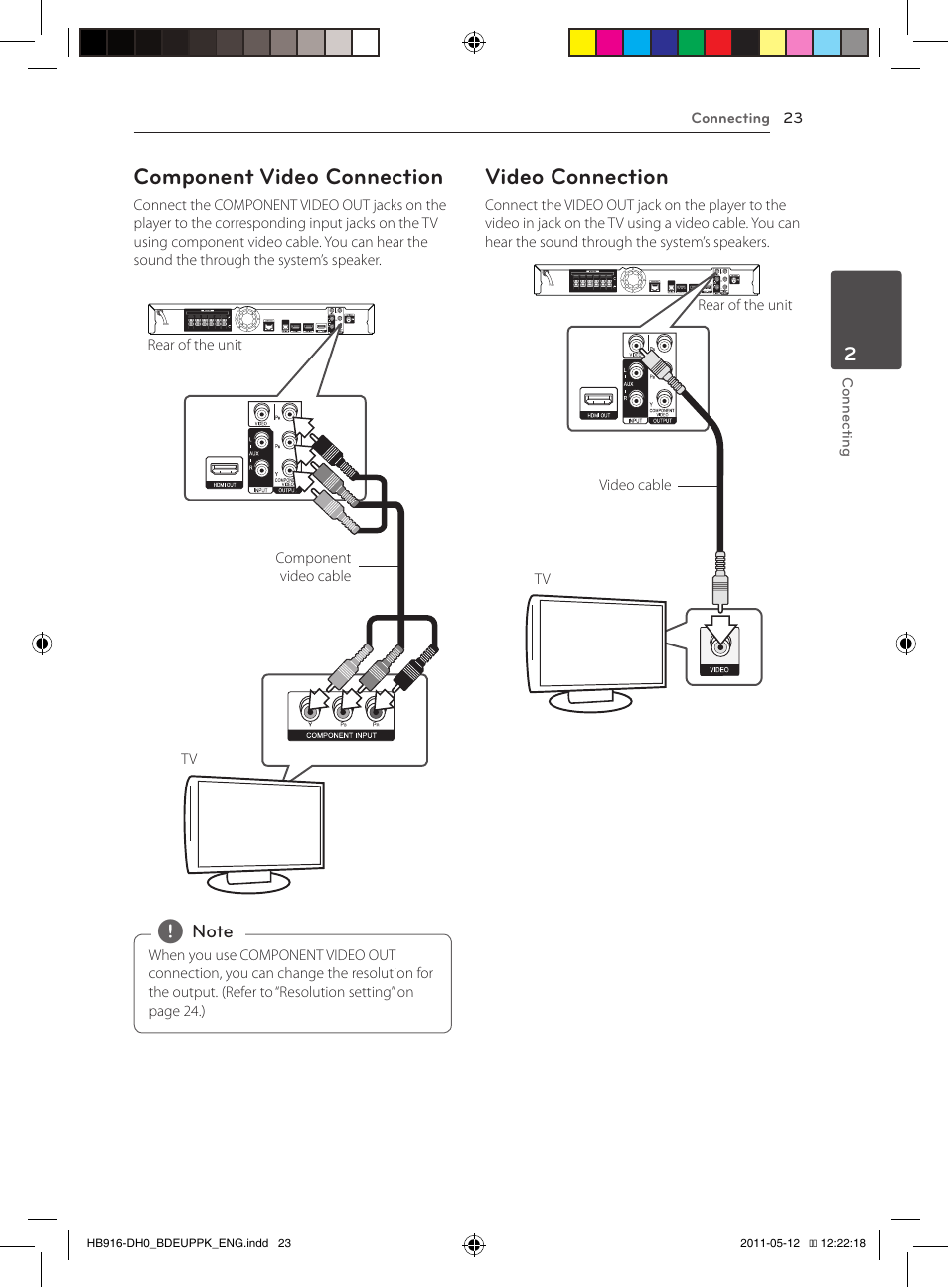 Component video connection, Video connection | Pioneer BCS-414 User Manual | Page 23 / 400