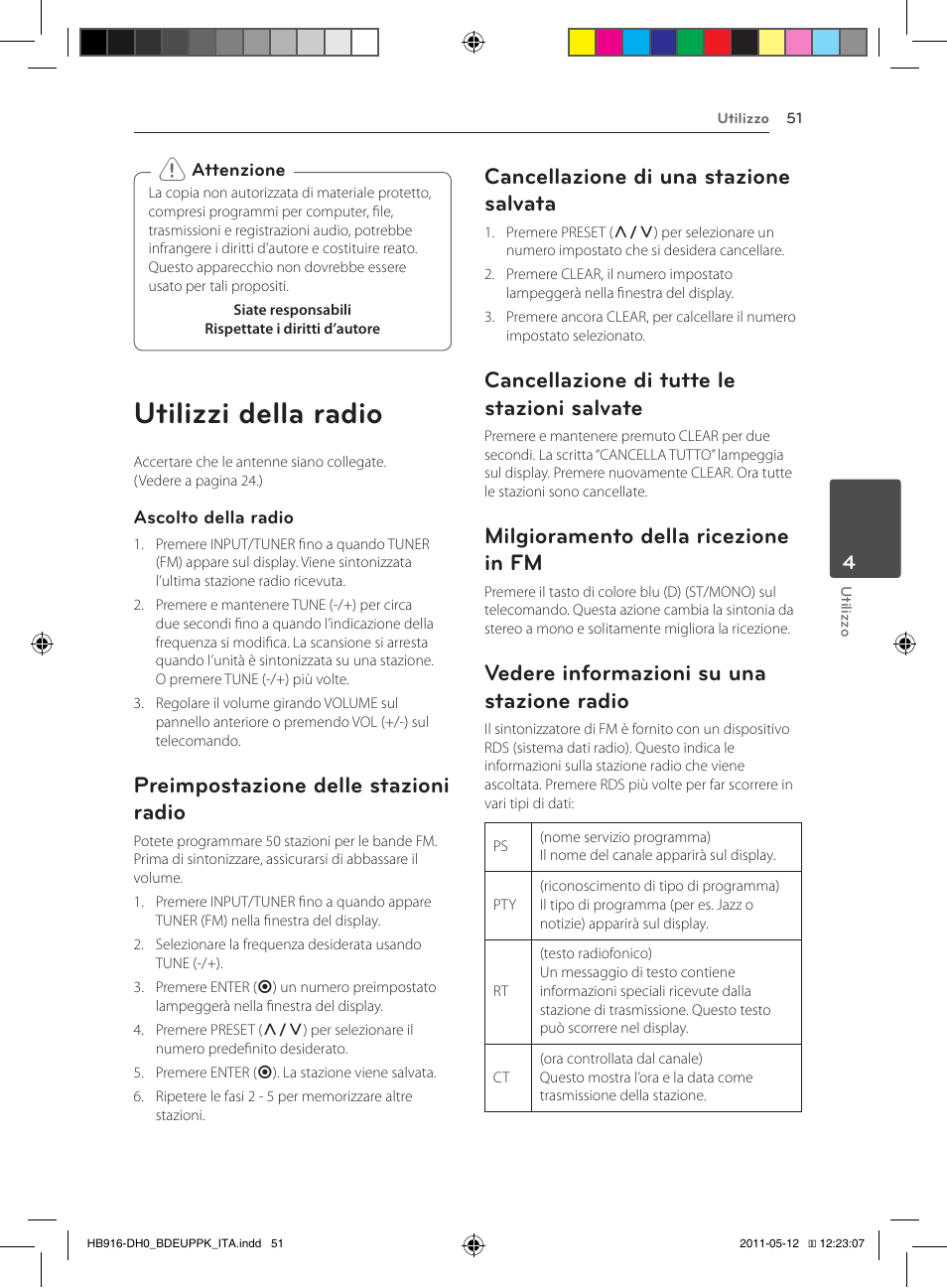 Utilizzi della radio, Salvate, Radio | Preimpostazione delle stazioni radio, Cancellazione di una stazione salvata, Cancellazione di tutte le stazioni salvate, Milgioramento della ricezione in fm, Vedere informazioni su una stazione radio | Pioneer BCS-414 User Manual | Page 249 / 400