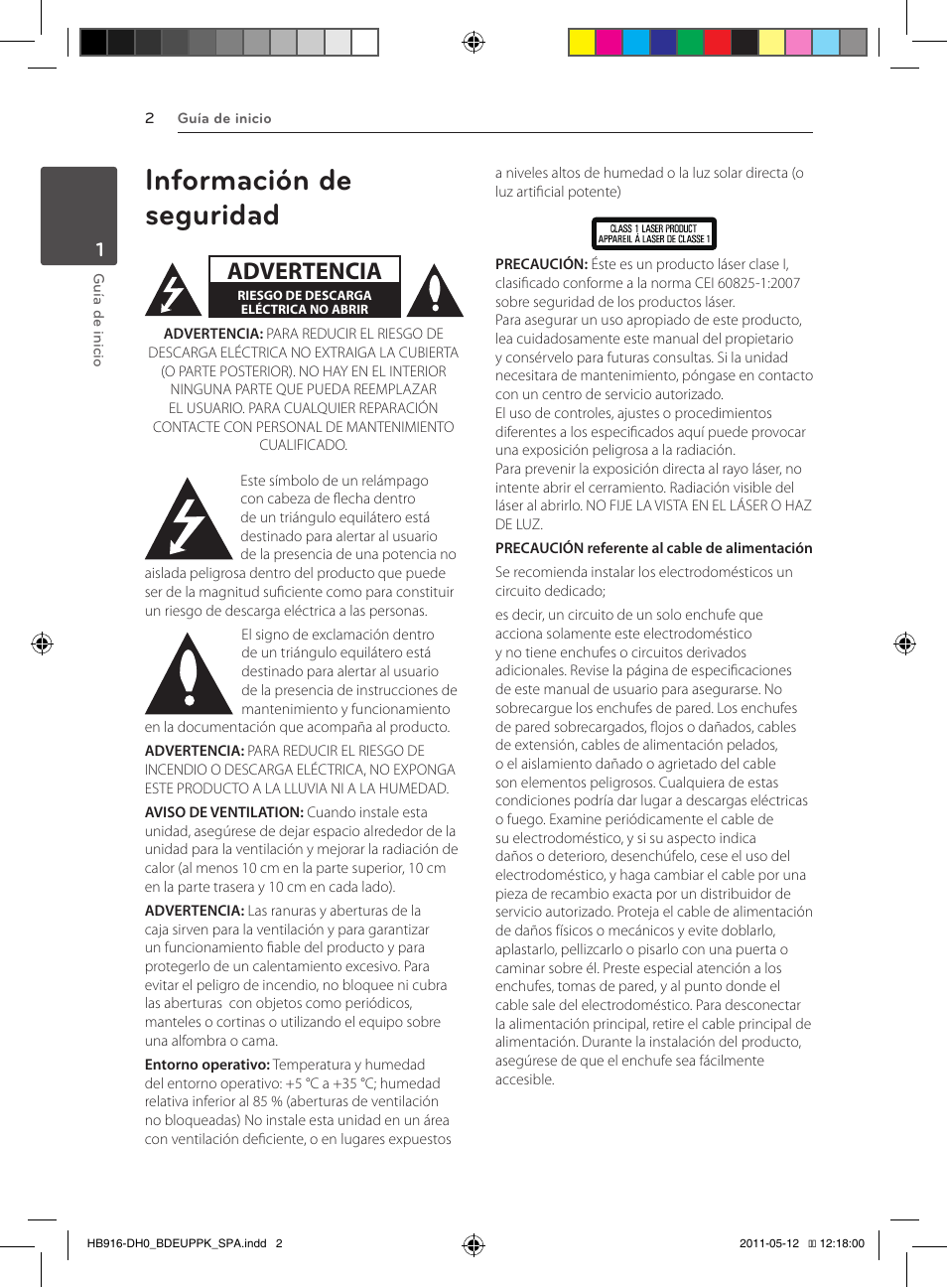 Hb916-dh0_bdeuppk_om_spa_0512, Información de seguridad, Advertencia | Pioneer BCS-414 User Manual | Page 264 / 400