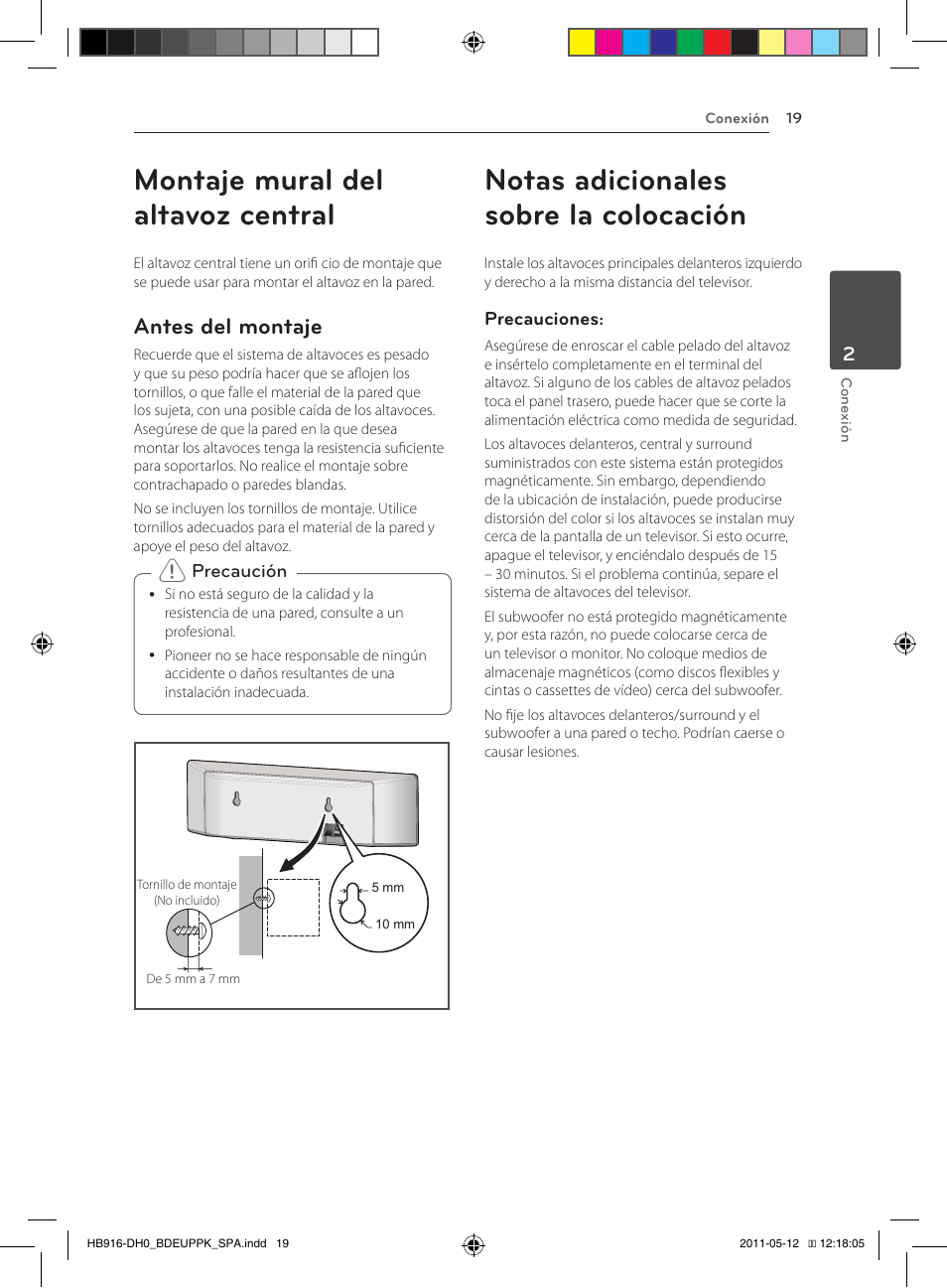 Montaje mural del altavoz central, 19 – antes del montaje 19, Notas adicionales sobre la colocación | Antes del montaje | Pioneer BCS-414 User Manual | Page 281 / 400