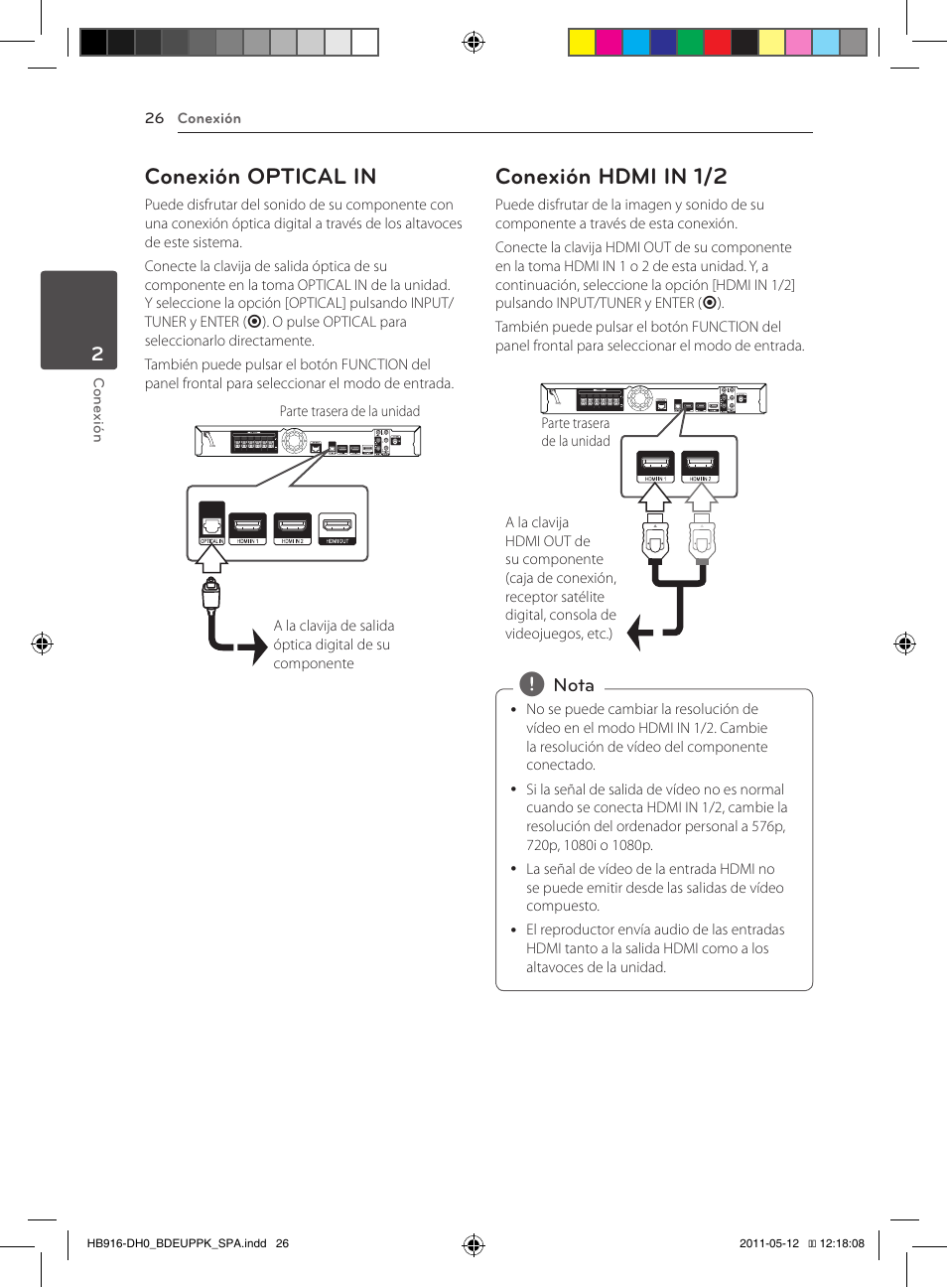 26 – conexión optical in 26 – conexión hdmi in 1/2, Conexión optical in, Conexión hdmi in 1/2 | Pioneer BCS-414 User Manual | Page 288 / 400