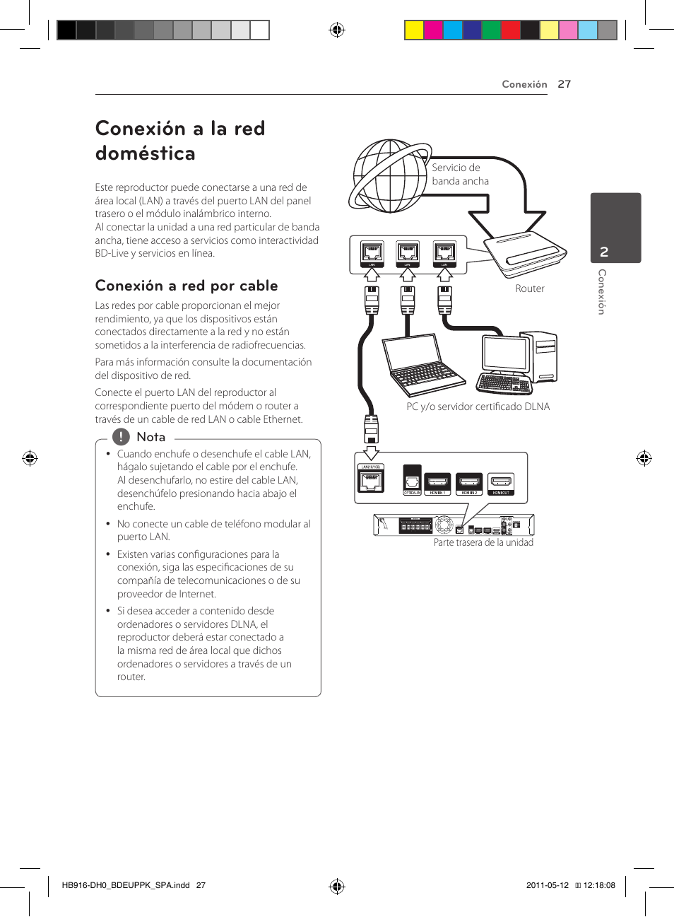 Conexión a la red doméstica, Conexión a red por cable | Pioneer BCS-414 User Manual | Page 289 / 400