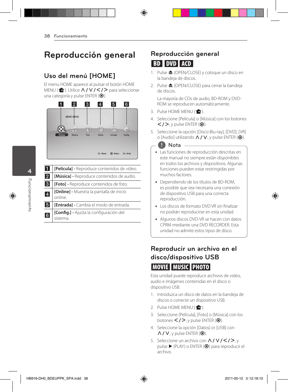 Dispositivo usb, Reproducción general, Uso del menú [home | Reproducción general ert | Pioneer BCS-414 User Manual | Page 300 / 400