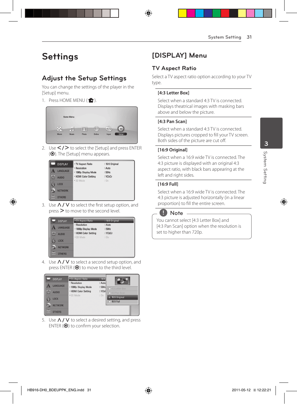 Settings, 31 – adjust the setup settings 31 – [display] menu, Adjust the setup settings | Display] menu | Pioneer BCS-414 User Manual | Page 31 / 400