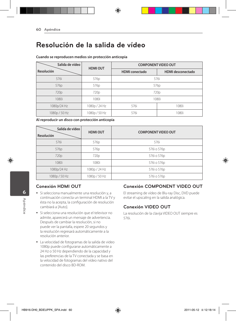 60 resolución de la salida de vídeo, Resolución de la salida de vídeo, Conexión hdmi out | Conexión component video out, Conexión video out | Pioneer BCS-414 User Manual | Page 322 / 400