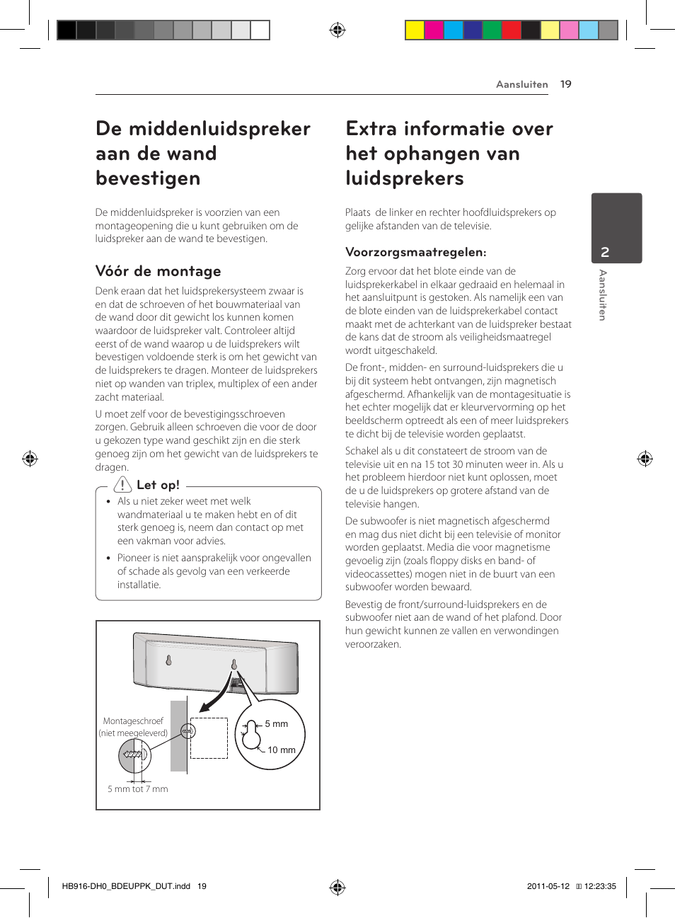 De middenluidspreker aan de wand bevestigen, 19 – vóór de montage 19, Vóór de montage | Pioneer BCS-414 User Manual | Page 345 / 400