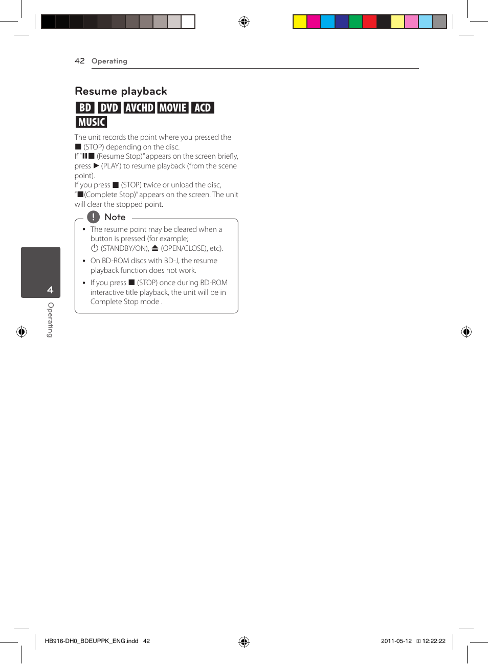 42 – resume playback, Resume playback eroyt, u | Pioneer BCS-414 User Manual | Page 42 / 400