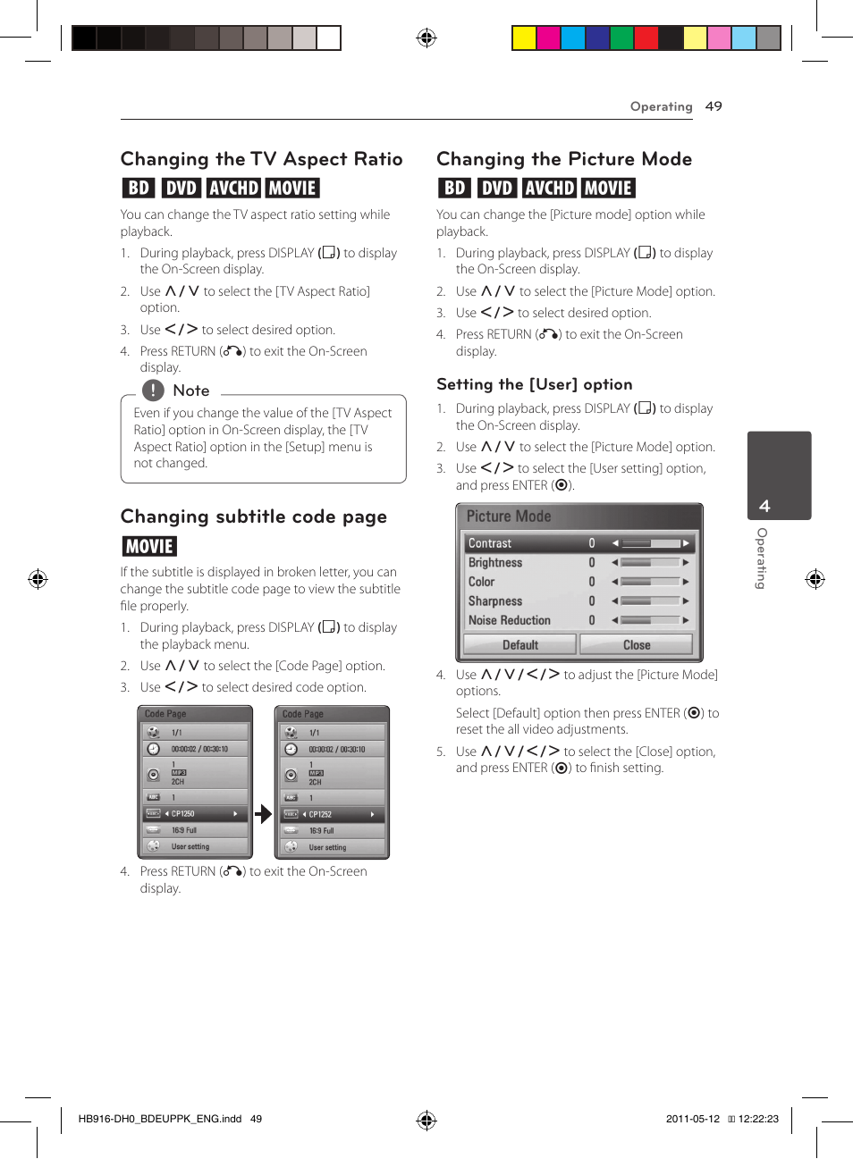 Changing the tv aspect ratio eroy, Changing subtitle code page y, Changing the picture mode eroy | Pioneer BCS-414 User Manual | Page 49 / 400