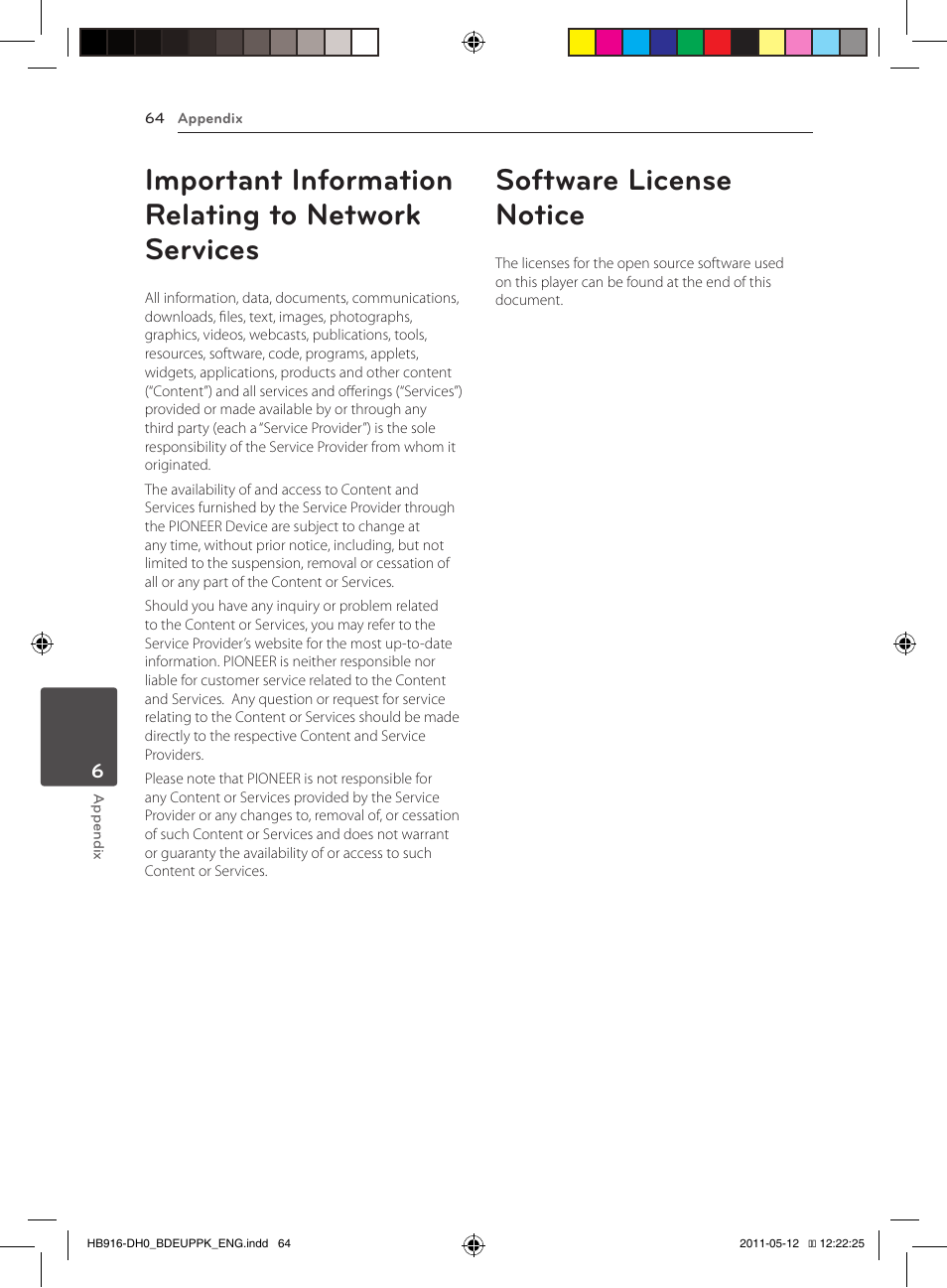 64 important information relating to, Network services, 64 software license notice | Important information relating to network services, Software license notice | Pioneer BCS-414 User Manual | Page 64 / 400