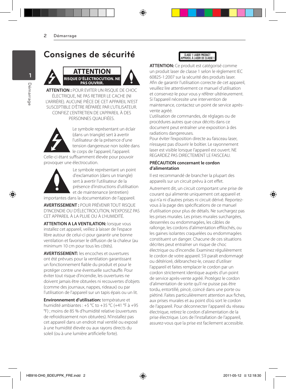 Hb916-dh0_bdeuppk_om_fre_0512, Consignes de sécurité, Attention | Pioneer BCS-414 User Manual | Page 66 / 400