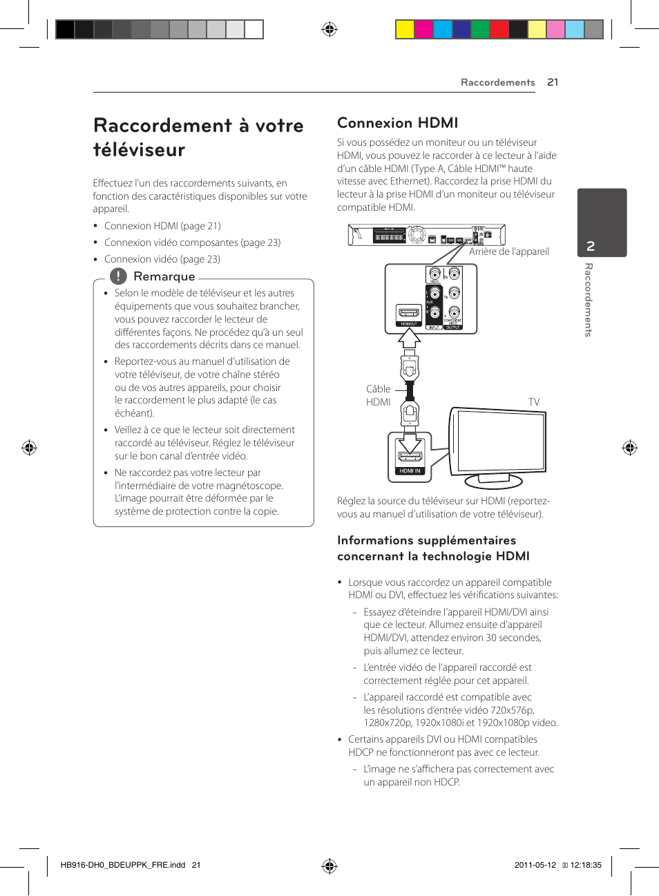 Raccordement à votre téléviseur, 21 – connexion hdmi, Connexion hdmi | Pioneer BCS-414 User Manual | Page 85 / 400