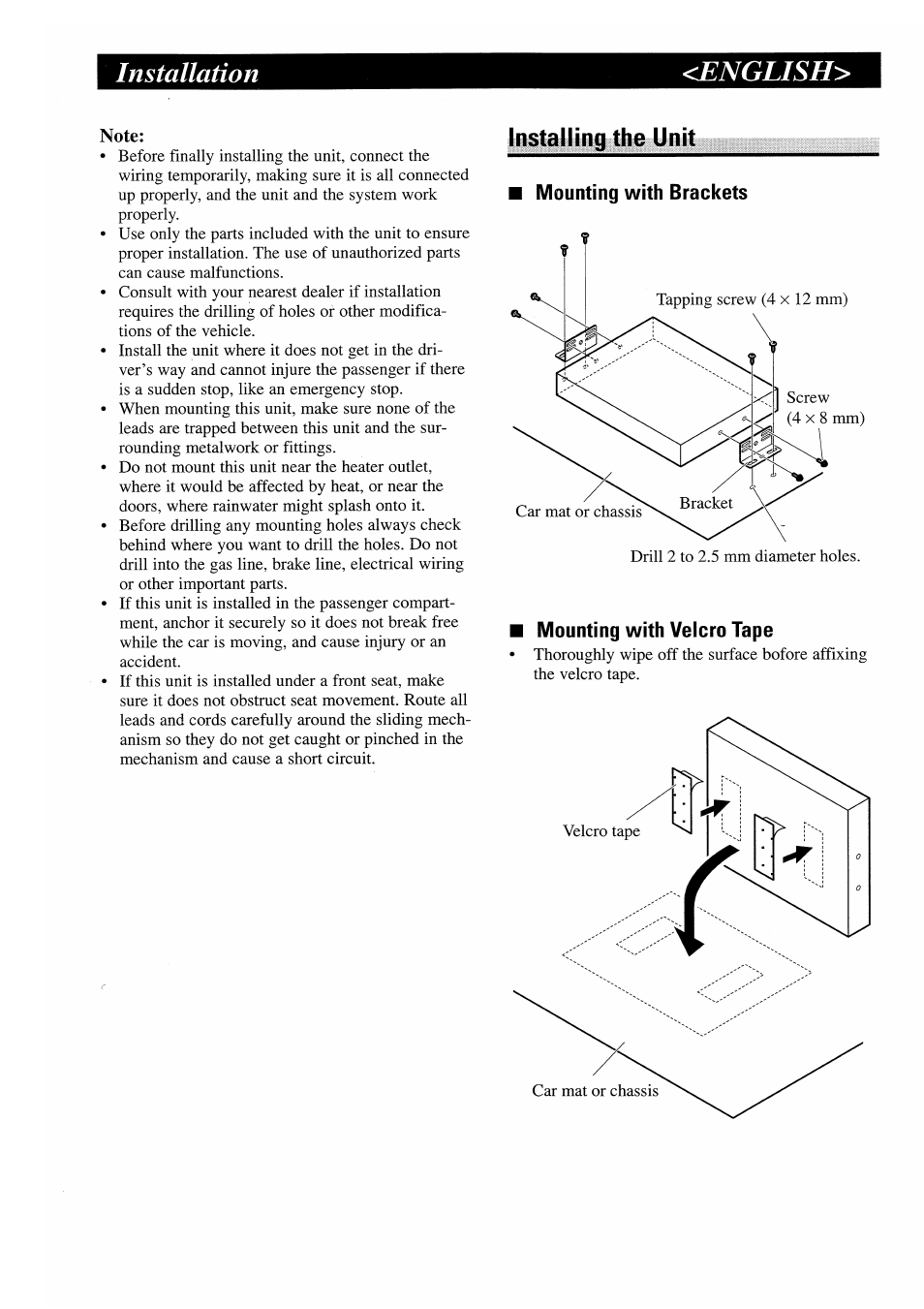 Installing the unit, Mounting with brackets, Mounting with velcro tape | Installation <english | Pioneer AVM-P7000R User Manual | Page 11 / 25