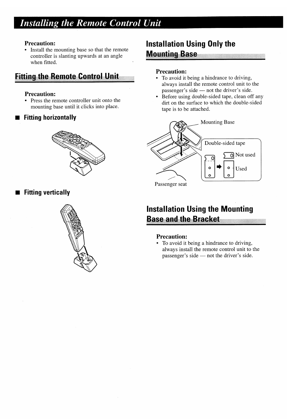 Installing the remote control unit, Precaution, Fitting the remote control unit | Fitting horizontally, Installation using only the mounting base, Fitting vertically | Pioneer AVM-P7000R User Manual | Page 12 / 25